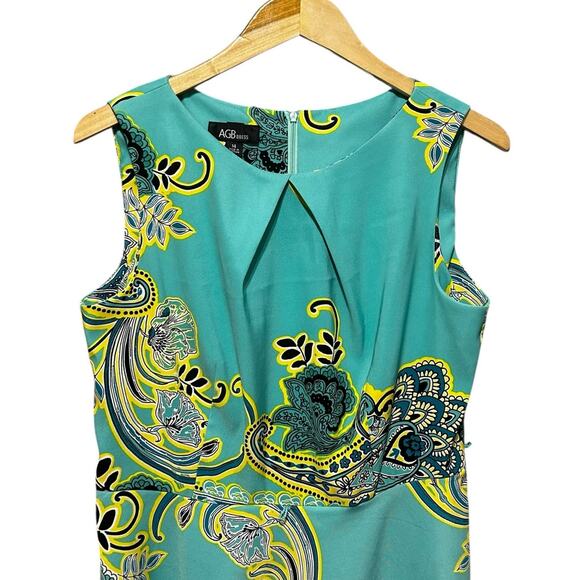 AGB Womens Dress 14 Teal‎ Floral Paisley Fit Flare Mid Length Boho Retro Mod - Picture 12 of 13